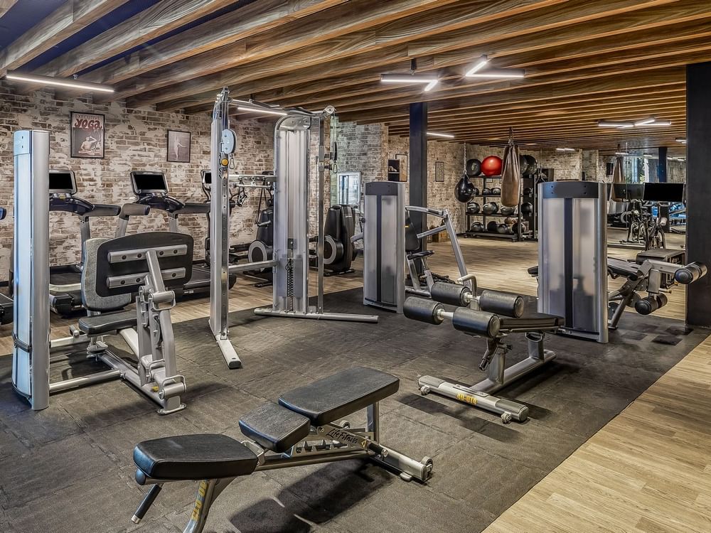Various exercise machines, weights in the Gym at Live Aqua San Miguel de Allende