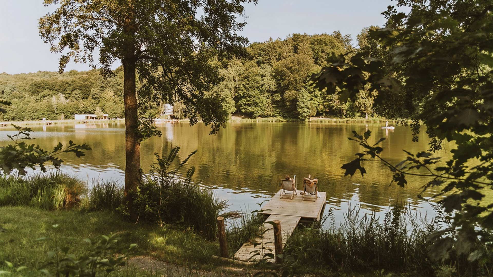 Lago circondato da alberi con due sedie su una piattaforma di legno galleggiante.