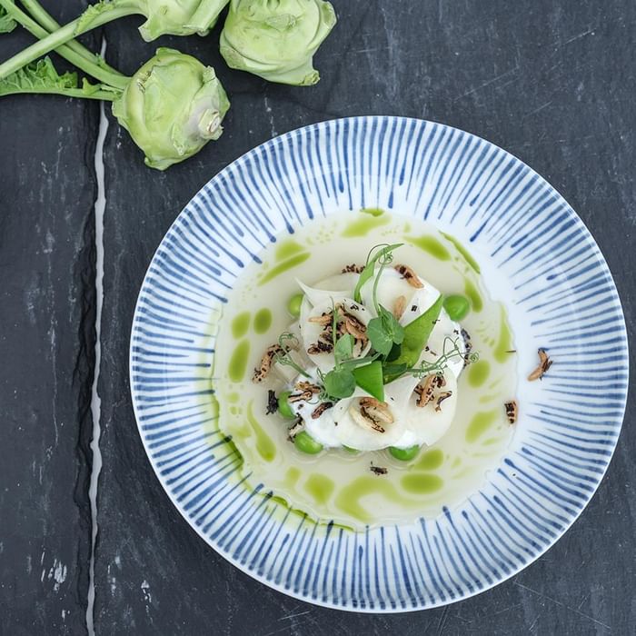 Piatto blu e bianco con crema verde, verdure e erbe, accanto a ravanelli su sfondo scuro.